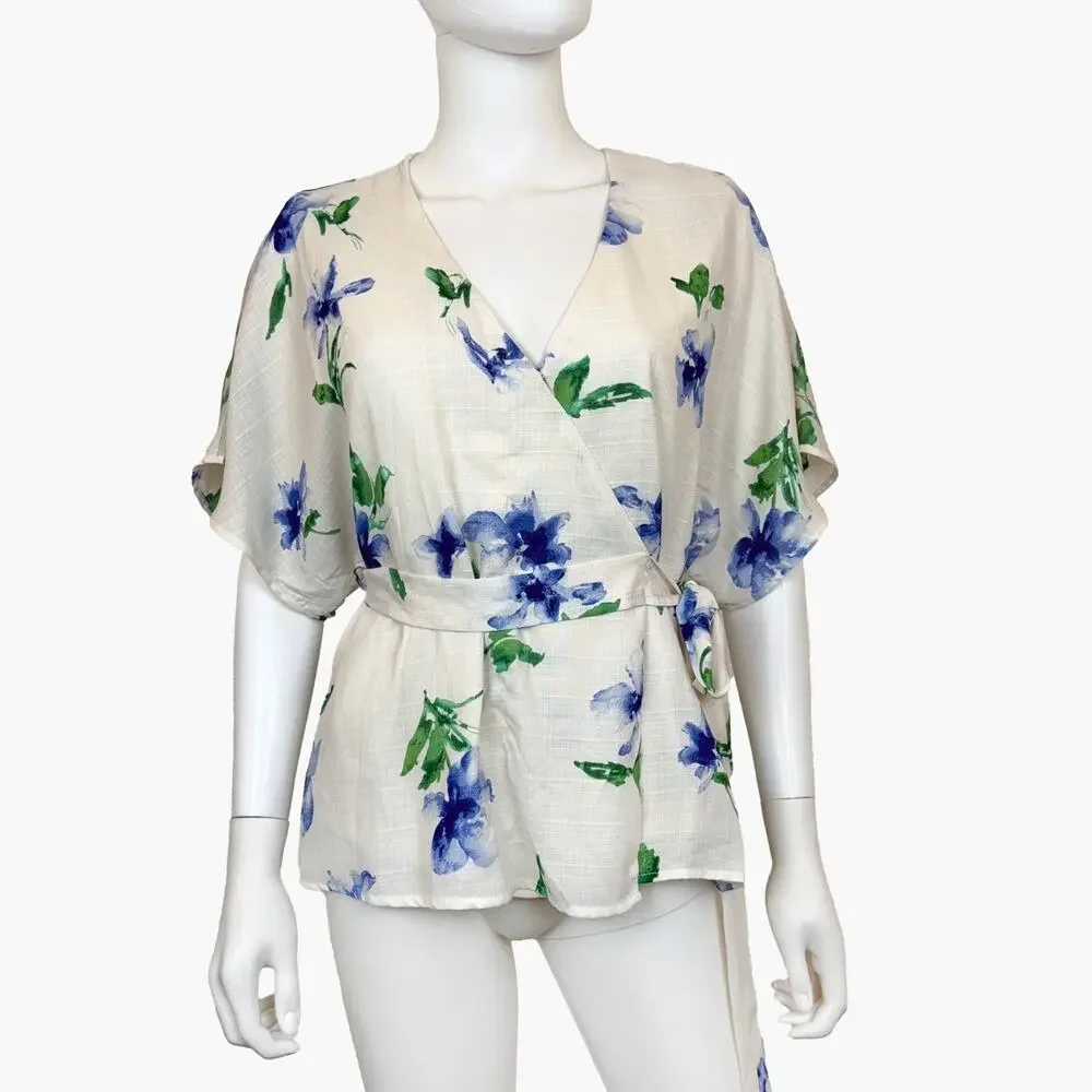 NWT COLLECTIVE CONCEPTS Semi-Sheer Floral Wrap Blouse (Ivory | Size S) - Picture 2 of 10